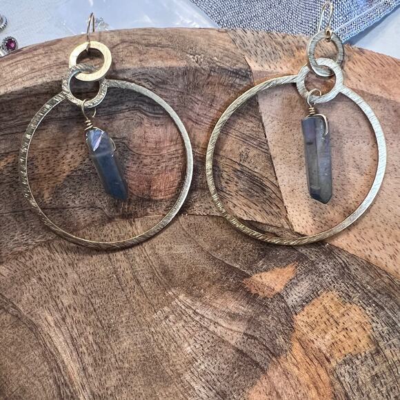 Gold-Tone Round Quartz Stone Hoop Earrings - Picture 10 of 10